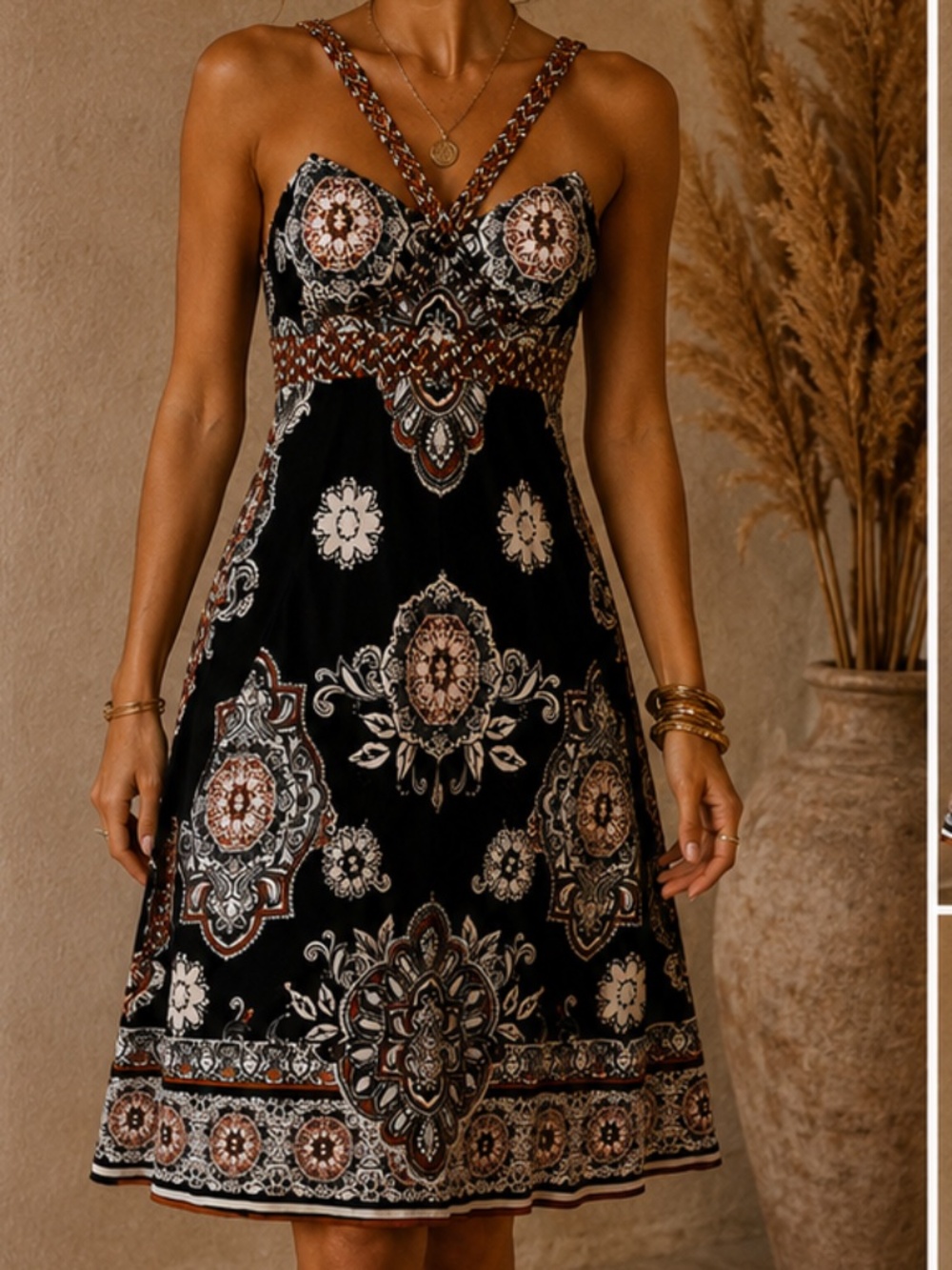 INC International Concepts Boho Paisley Maxi Dress Black Brown Cream - Size L